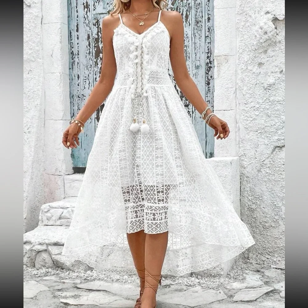 White Guipure Sheer Mesh Lace Tassel Cami Dress Boho - Picture 6 of 6